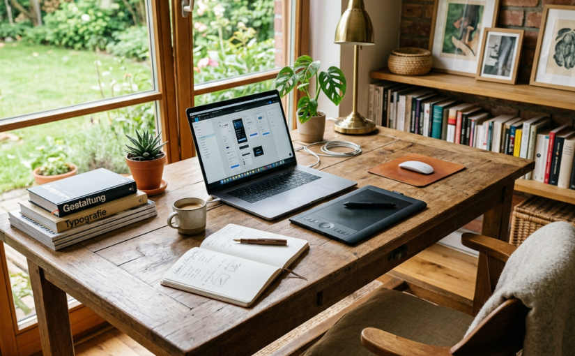 Wooden desk with laptop, notebook, pen, coffee cup, plants, and books near window with garden view