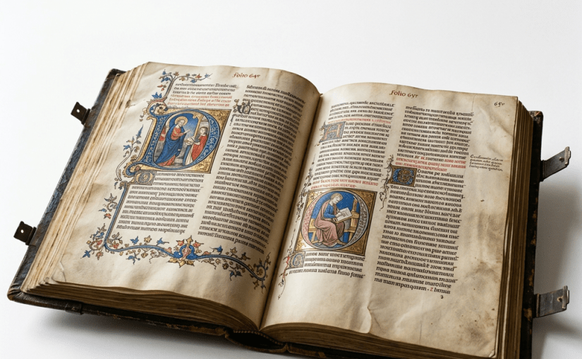 Open medieval illuminated manuscript with intricate illustrations and Latin text on wooden table